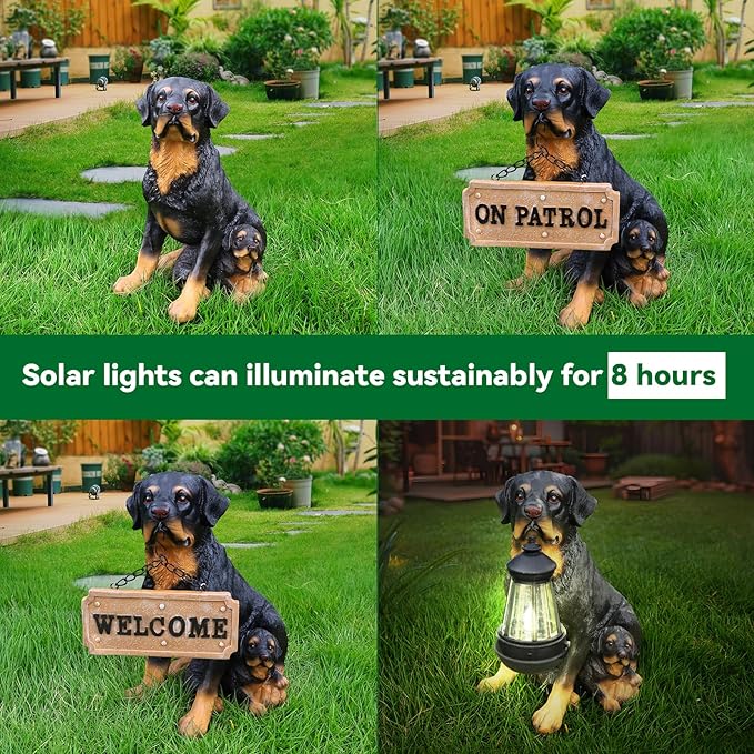 Outdoor rottweiler Dog Statue with Interchangeable Welcome sign and Detachable Garden Dog Sculpture Décor Garden Statue Outdoor Dog statue Solar Lights Statue Outdoor Garden Decor Yard Decorations