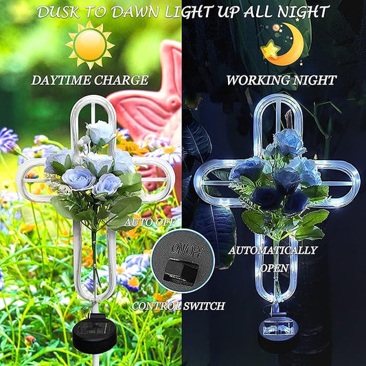 38 inch Cross Solar Light Outdoor Art Decoration - Metal and Blue Artificial Flower Craft Solar Light Stake- for Scenes Such as Garden Lawn Patio Patio Cemetery or Auditorium.