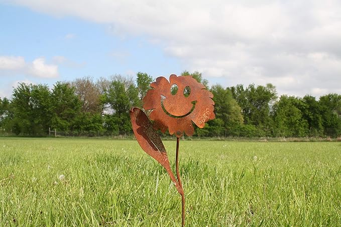 Metal Rustic and Colorful Flower Stakes Ranging from 9.5 to 36 Inches Tall (Waving Smiling Daisy 21" Tall, Naturally Rusted)
