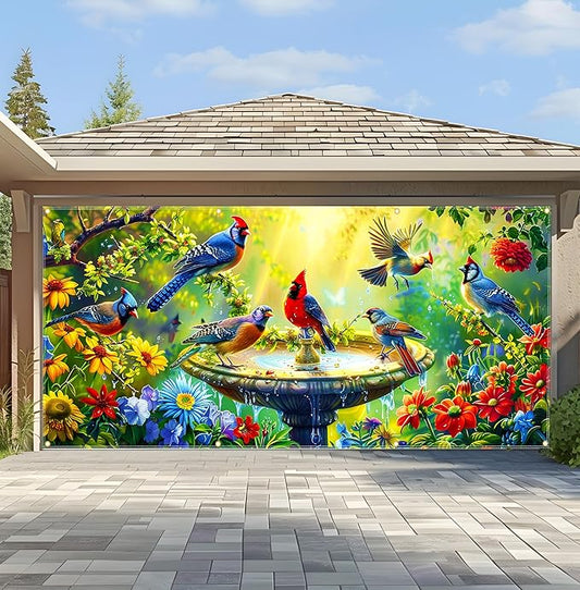 Garage door banner 157.5x70.9 inches large garage door cover outdoor spring garden decoration with bird pattern, garage door decoration with eyelets and rope, suitable for house exterior walls.
