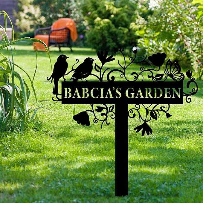 Custom Metal Garden Sign with Flowers, Personalized Garden Metal Stake with Birds, Flower Garden Name Decor, Custom sign for Outside, Customized Gardening Decoration, Yard Art, Gift for Mom, Grandmom