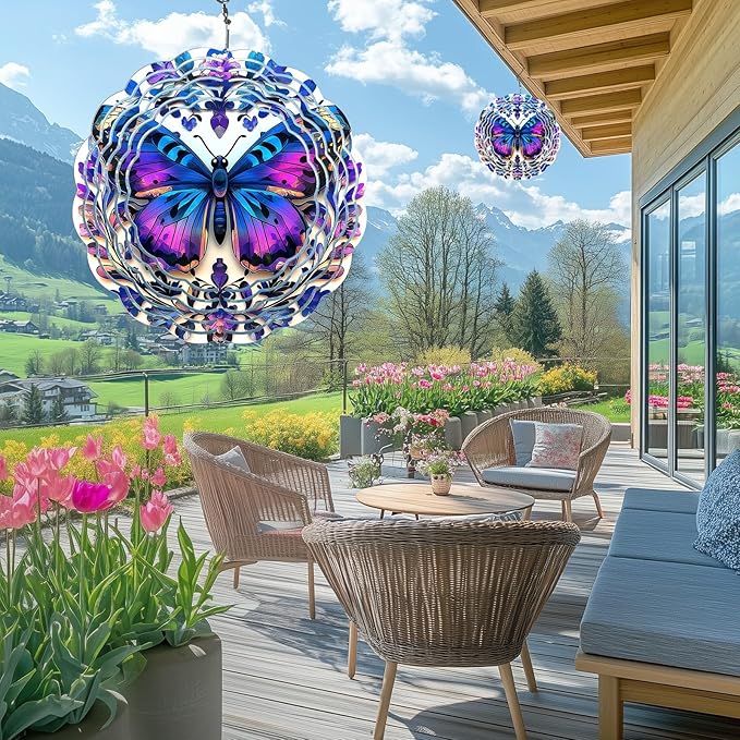Butterfly Wind Spinners Outdoor, Hanging Wind Spinner for Garden Decoration, 8 inch 3D Stainless Steel Metal Wind Sculpture for Indoor/Outdoor Decor