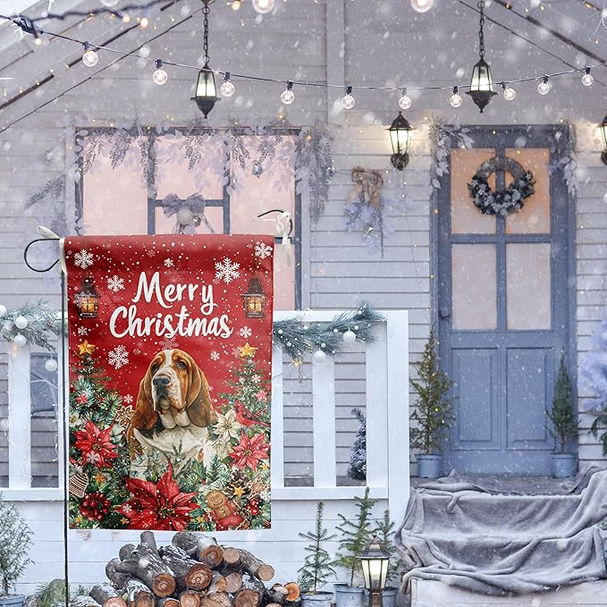 Christmas Basset Hound Garden Flag Merry Christmas Dog Yard Flag for Outside Xmas Flags 12x18 Double Sided Red Poinsettia Garden Flags Winter Porch Decorations Outdoor