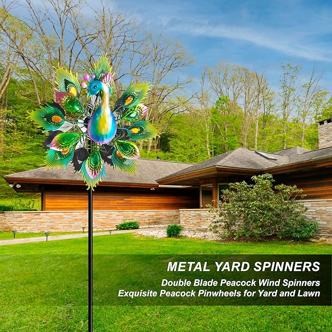 Outdoor Peacock Wind Spinners Featuring Glittering Gem Decor, 13.5" D x 65" H Double Layer Kinetic Wind Sculptures, 360° Rotatable Metal Garden Wind Spinners for Yard and Outdoor Decor Blue