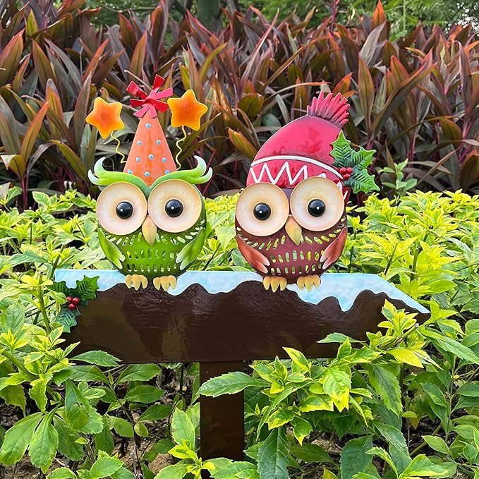 Bright Color Metal Owl Couple Garden Stake - Hanging Decor for Fence or Wall, Outdoor Yard Art with Message Board for Patio, Porch, Lawn for Couples Housewarming