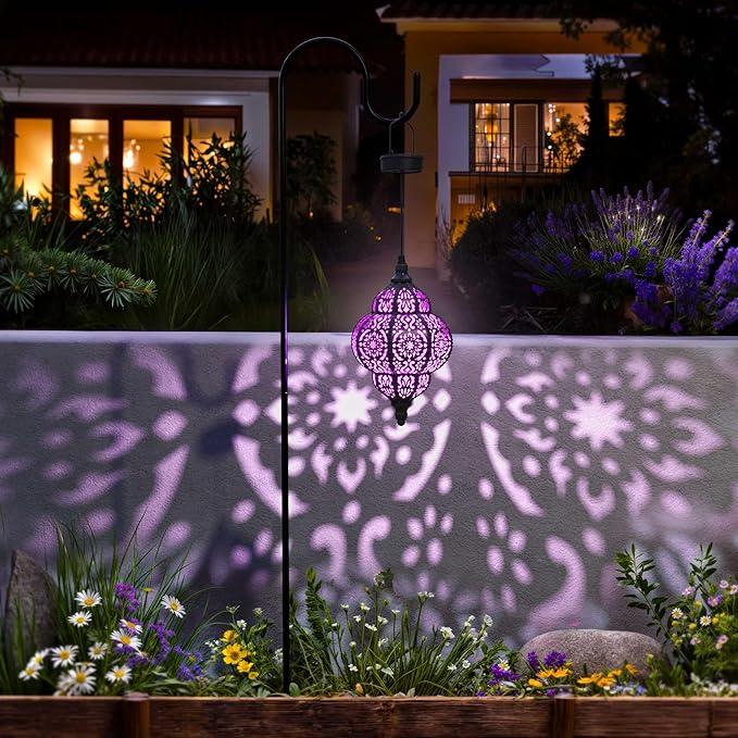 Hapjoy Hanging Solar Lights Outdoor Garden Decor Solar Lantern Waterproof Plastic Moroccan Outdoor Decorations for Patio Pathway Yard Backyard Garden Decorative (2, Purple)