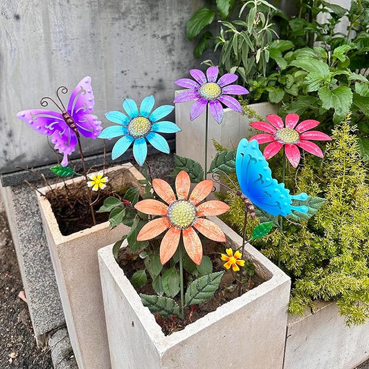 6Pack Metal Flowers for Outside,16.15 Inch Metal Flowers&Colorful Butterfly Decorative Garden Stakes for Spring Decor, Shaking Head Yard Art Garden Decorations for Outdoor Lawn Porch Pathway