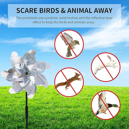 BATTIFE Reflective Pinwheels for Yard and Garden, Pre-Installed Sparkly Blind Birds Pin Wheel, Scare Birds & Animal Away Wind Spinner, 12 Pack (Silver)