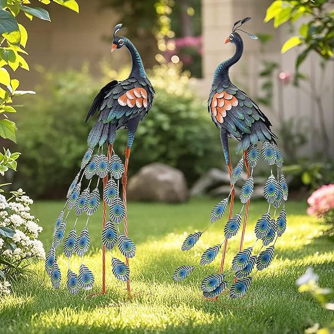 36" Oversized Peacock Decor Set of 2, Hand-Painted Metal Yard Art, Weatherproof Outdoor Garden Statues & Sculptures for Lawn, Flower Beds, Patio, Backyard or Indoor Kitchen & Home Decor
