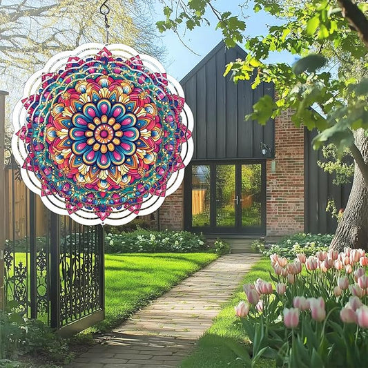 Wind Spinners Outdoor, Hanging Wind Spinner for Garden Decoration, 8 inch 3D Stainless Steel Metal Wind Sculpture for Indoor/Outdoor Decor, Multi Red Mandala