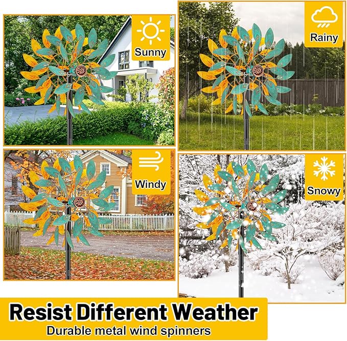 Metal Wind Spinners Outdoor, Kinetic Garden Wndmills,Yard Art Windmill with Metal Stake,Vintage Wind Sculptures & Spinners,Waterproof Pinwheels Large Wind Mill for Patio Lawn Yard Garden (Yellow+Blue)
