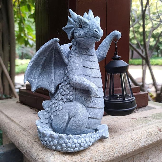 Solar Dragon Garden Statue Decoration with Solar Lantern,Dragon Figurine Lights Outdoor Décor for Yard,Lawn ,Patio, Balcony, Unique Housewarming Ornament