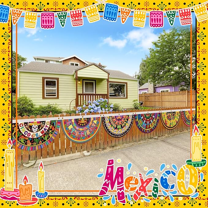 6 Pcs Cinco De Mayo Bunting Fan Flag Mexican Fiesta Half Fan Banners 1.5 x 3ft Donkey Hanging Flag Banner Tacos Cactus Bunting Decoration for Outdoor Indoor Garden Yard Party Decor(Mexican)