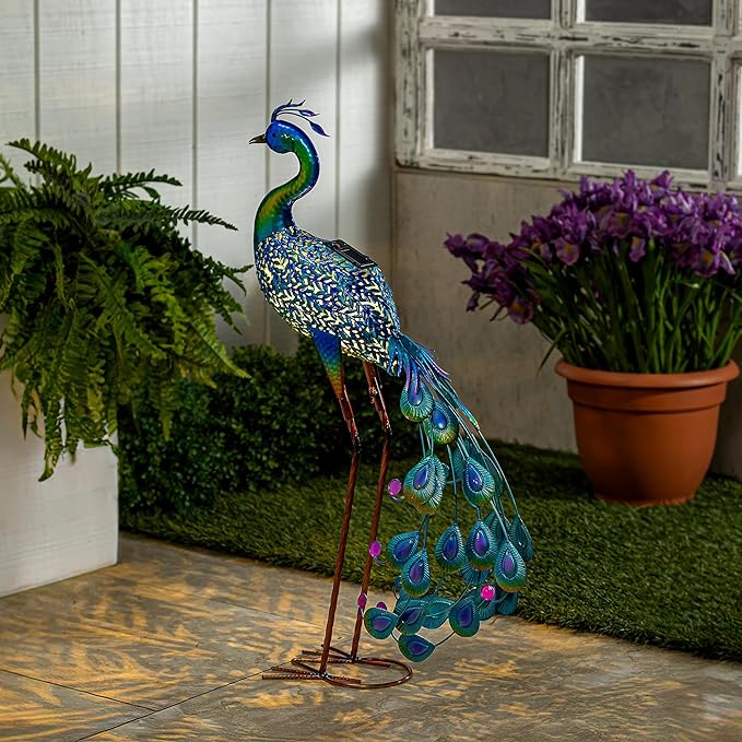Evergreen Garden 33" Outdoor Solar Peacock Statue | Metal Peacock Decor LED Solar Lights | Garden Stake Lights | Patio Yard Garden Lawn Party Wedding Decoration