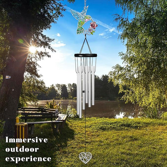 Outdoors Hummingbird Wind Chimes Sympathy Memorial for Loss of Loved One - Soothing Melodic Tones Aluminum Chime Great as a Gift for Your Patio Porch Garden and Backyard (Hummingbird,Heart)