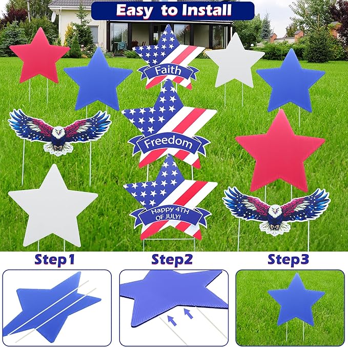 11 Pcs Independence Day Yard Signs(2 Eagles+9 Stars), 4th of July Patriotic Outdoor Decorations, Memorial Day Pentagram(Red White Blue) Garden Sign with Stakes for Fourth of July Celebration