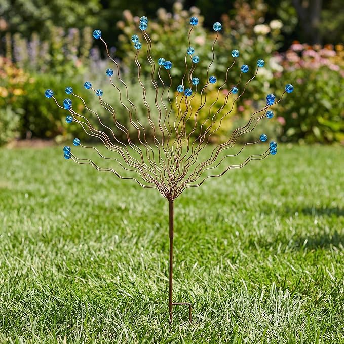 Novabright Whimsical Blue Bead Tree Yard Stake 40 Inch H 30 Arm Bead Art Garden Decoration Handmade Rustic Metal Decorative Yard Stake for Women Gift Party Decor