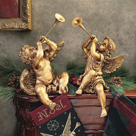 Design Toscano JE930801 Trumpeting Angels of Peter's Square Holiday Statue Ornaments, Set of Two, Boy & Girl, 7 inches Wide, 13 inches Tall, Handcast Polyresin, Antique Gold Finish