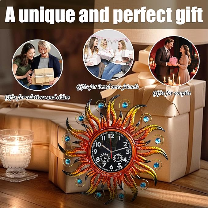 COOZZUHOUR 25 Inch Metal Sun Outdoor Shaped-Clock with Thermometer and Hygrometer Combo, Battery-Powered 10-inch Waterproof Dial and Silent Quartz Movement for Home Decorative Gifts(Orange)