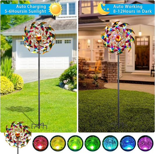 54" H Solar Wind Spinner Outdoor Metal Garden Decor - Kinetic Windmill Yard Art with Color-Changing LED Lights & Sparkling Gemstone - Waterproof Solar Pathway Lights for Lawn, Patio & Garden Gifts