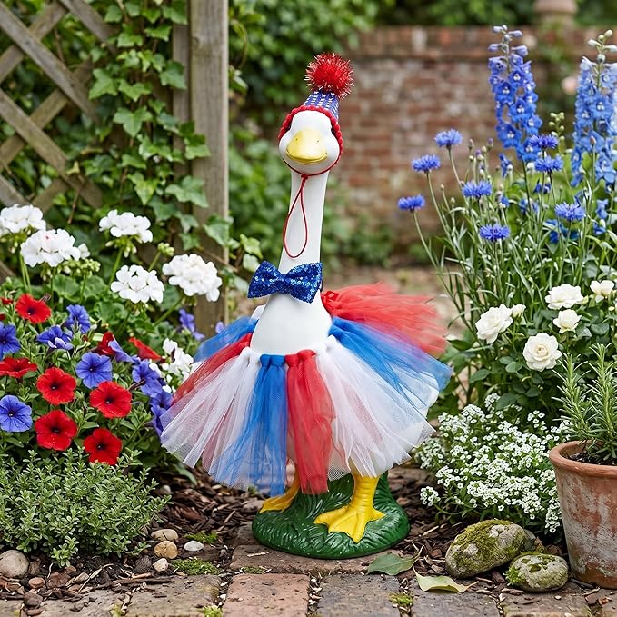 Porch Goose Statue Home Decor - 20" Large Resin Porch Goose with Independence Day Goose Outfits, Holiday Indoor or Outdoor Decorative Figurine for Garden,Lawn,Yard,Entryway Accent,Housewarming Gifts