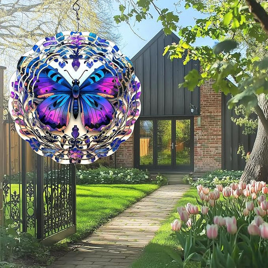 Butterfly Wind Spinners Outdoor, Hanging Wind Spinner for Garden Decoration, 8 inch 3D Stainless Steel Metal Wind Sculpture for Indoor/Outdoor Decor