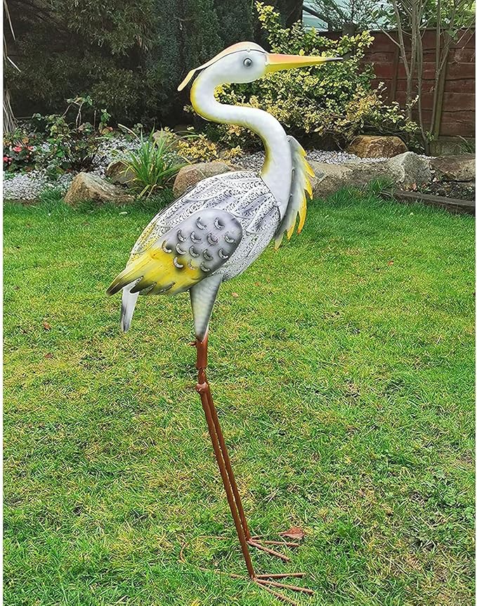 Garden Ornament Sculpture - Solar Powered Metal Garden Animal Statues, Hand Painted Solar Metal Heron, Decorative Bird Sculpture, Lawn Decor