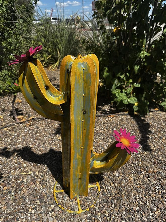 Colorful Metal Saguaro Cactus with Flowers - Handmade Garden Decor (Yellow)