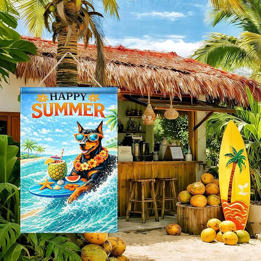 BlissYard Happy Summer Doberman Garden Flag 12x18 Double Sided Vertical Outdoor Decor Surfing Dog Tropical Beach Yard Garden Lawn Patio Banner