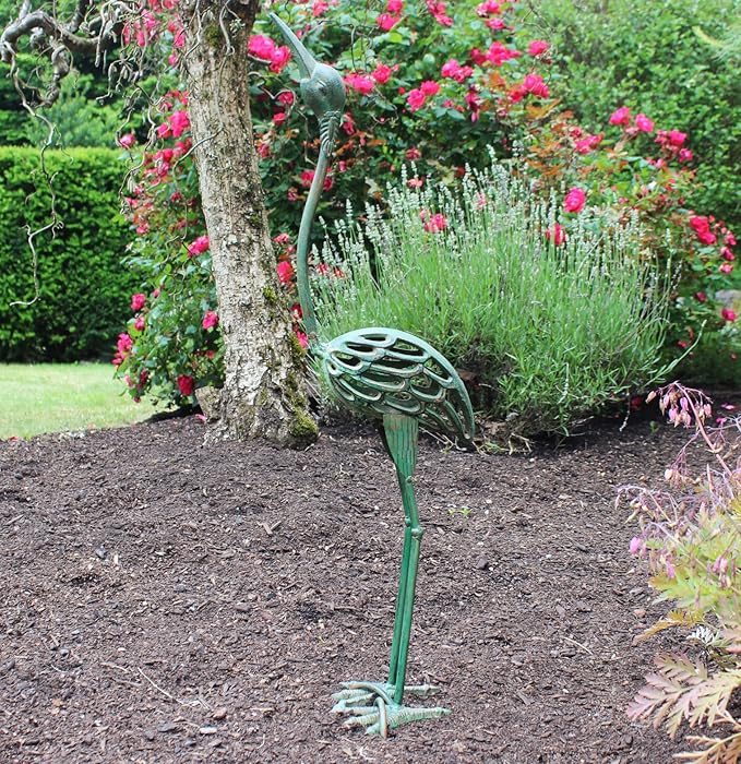 Seraphic Cast Iron Metal Crane/Heron Bird Garden Art Sculptures Statues for Indoor or Outdoor Lawn Decor, Antique Green, Set of 2