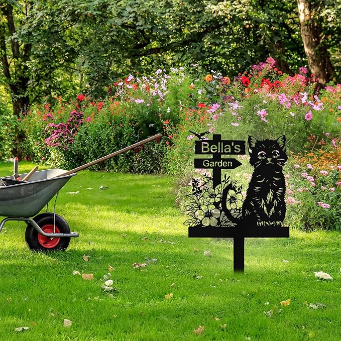 Personalized Metal Cat Garden Signs with Stake, Custom Garden Signs for Outside Waterproof, Customized Name Sign Yard Lawn Gardens Decor Gardening Gifts for Moms Grandmas Gardeners