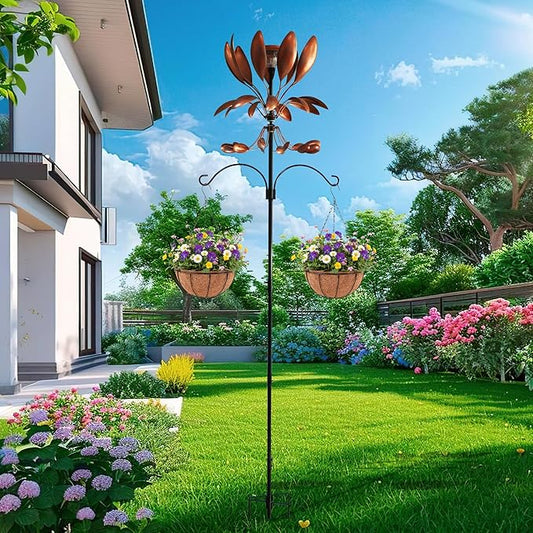 Yard Garden Wind Spinners - Large Outdoor Metal Wind Spinners with Stake, Yard Art Lawn Garden Decor Bronze-Colored Blade Rotator (25.5" W x 92.5" H)