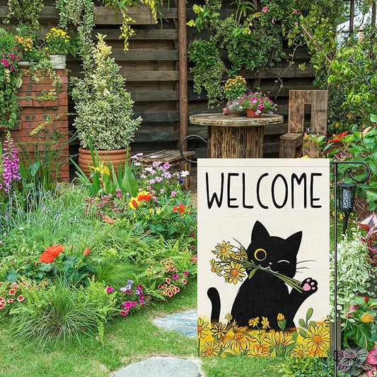 Summer Garden Flag Welcome Black Cat Sunflower Double Sided Burlap 12x18 inches For Porch Lawn Yard Outdoor and Home Decor