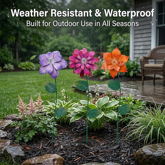 Floral Garden Stake Glow in Dark Plant Pick Water Proof Metal Flower Stick for Outdoor Garden Decor, Set of 3