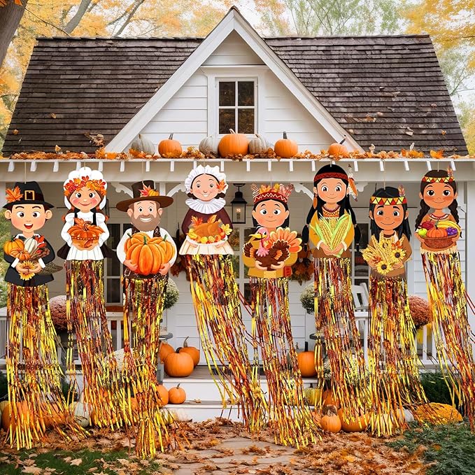 DoubleFill 8 Pcs Thanksgiving Pilgrim Outdoor Hanging Decorations with Tassels Fall Autumn Pilgrim Harvest Yard Signs for Farmhouse Festival 3.3 ft Home Lawn Yard Party Supplies Garden Decor