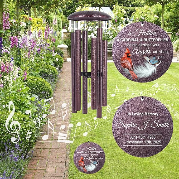 ASTARIN Cardinal Feather Butterfly 32 in Wind Chimes for Memorial, Personalized Bereavement Gift Idea, Windchimes in Loving Memory of a Loved One, Funeral Gifts for Condolences Women, Produced in USA