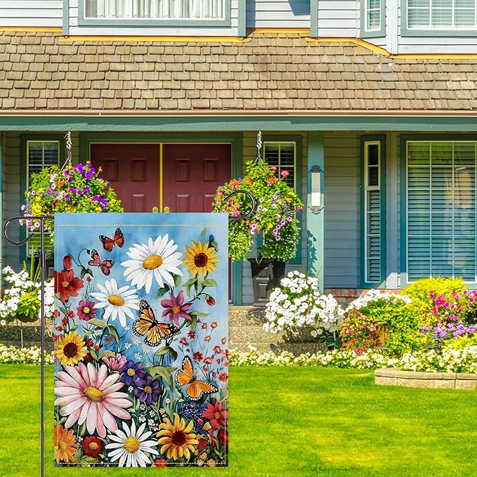 Balgardekor Daisy Flower Garden Flag Double Sided Butterfly Seasonal Floral Yard Ourdoor Decoration 12x18 Inch Outside Small Yard Flag (Butterfly, 18"L x 12"W)