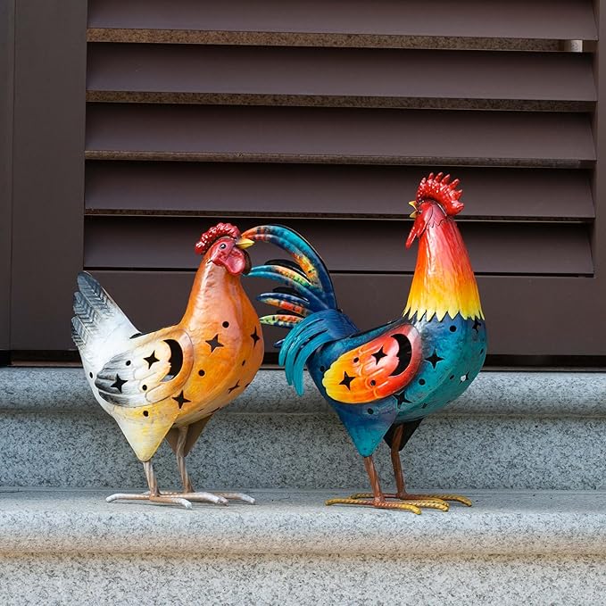 Natelf Solar Rooster and Hen Statue, Outdoor Metal Chicken Decor with Solar Lights, Hand-Painted Farmhouse Garden Art for Yard, Patio, Chicken Coop - Housewarming Gifts Set of 2