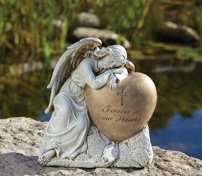 Joseph's Studio by Roman 12.25" H Memorial Sleeping Angel on a Heart Garden Stone, Religious Outdoor Decor