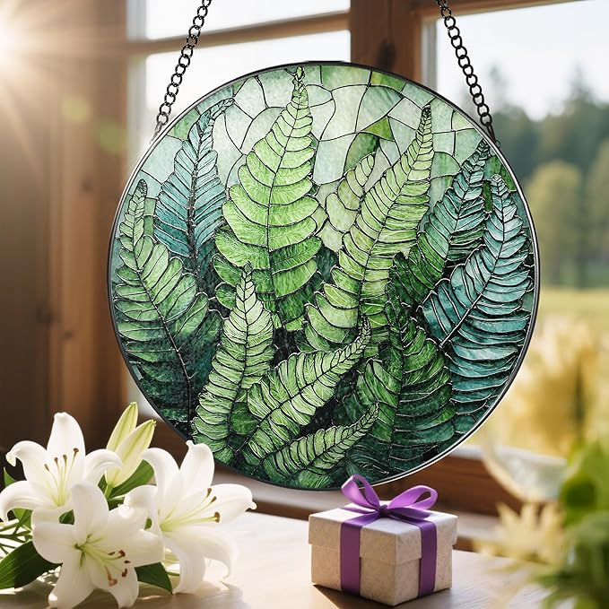 8'' Fern Plant Sun Catcher Ornament, Stained Glass Window Hanging, Sun Catchers for Windows Hanging Ornaments, Window Decor | Plant Lover Gifts, Housewarming Gifts