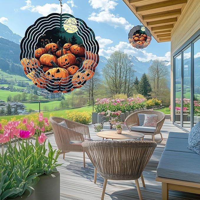 Halloween Pumpkin Moon Wind Spinners Outdoor, Hanging Wind Spinner for Garden Decoration, 8 inch 3D Stainless Steel Metal Wind Sculpture for Indoor/Outdoor Decor