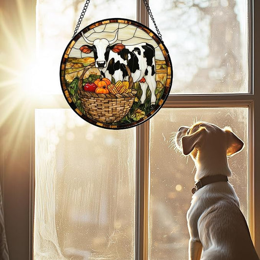 CHATYOUNG Stained Glass Window Hanging Autumn Farm Landscape Cow Pumpkin 7.8" - Modern Farmhouse Decor Suncatcher Door Garden Sunroom Sun Catcher Home Decor Birthday Christmas for Mom Men Woman Nana