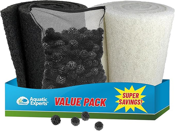 Aquatic Experts Koi Pond Filter Pad Bundle with Bio Balls – White Fine 12" x 72" + Black Coarse 12" x 72" Pads & 300 Count Bio Balls, Reusable Pond Filter Media
