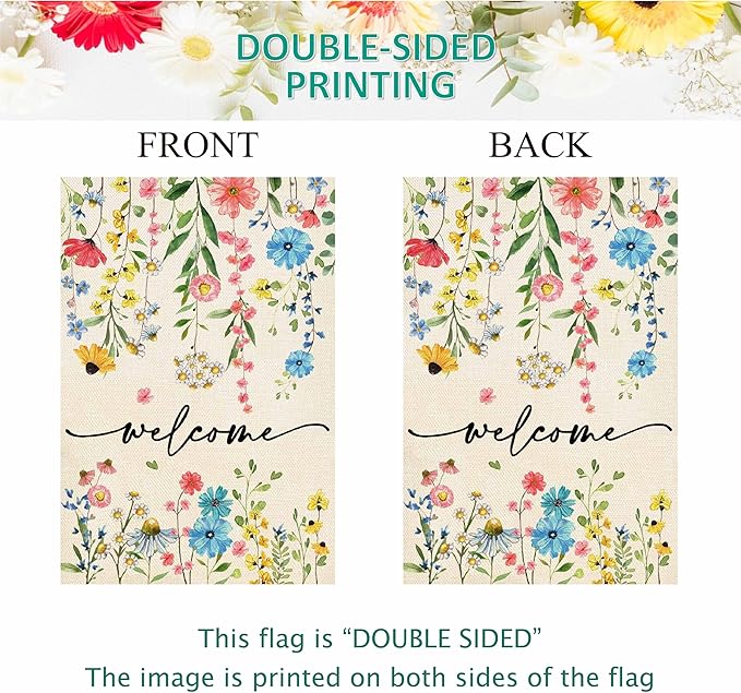 Baccessor Spring Summer Welcome Floral House Flag 28x40 Inch Double Sided Large Yard Flag Outside Outdoor Seasonal Burlap Flowers Flags Home Patio Decoration