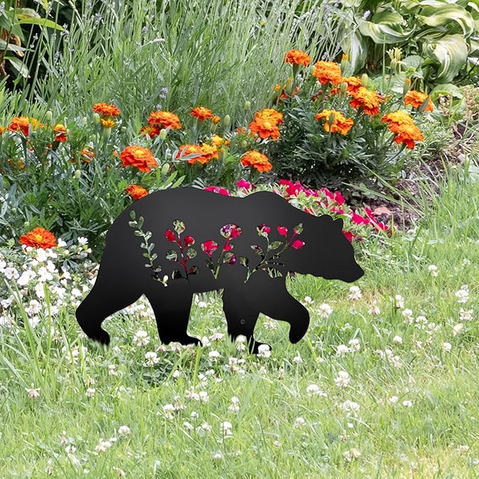 Bear Garden Stake Statue - Flat Black Bear Figurine for Outdoor Lawn & Patio Decor, Composite Ground Stake Decorative Accent