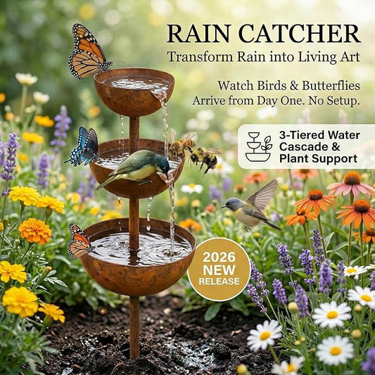 Rain Catcher & Plant Support Metal Garden Ornament, 3-Tiered Garden Stake with Water Bowls, Bird Bath & Bee Watering Station for Outdoor Yard, Patio, Lawn Art Decor (3PCS)