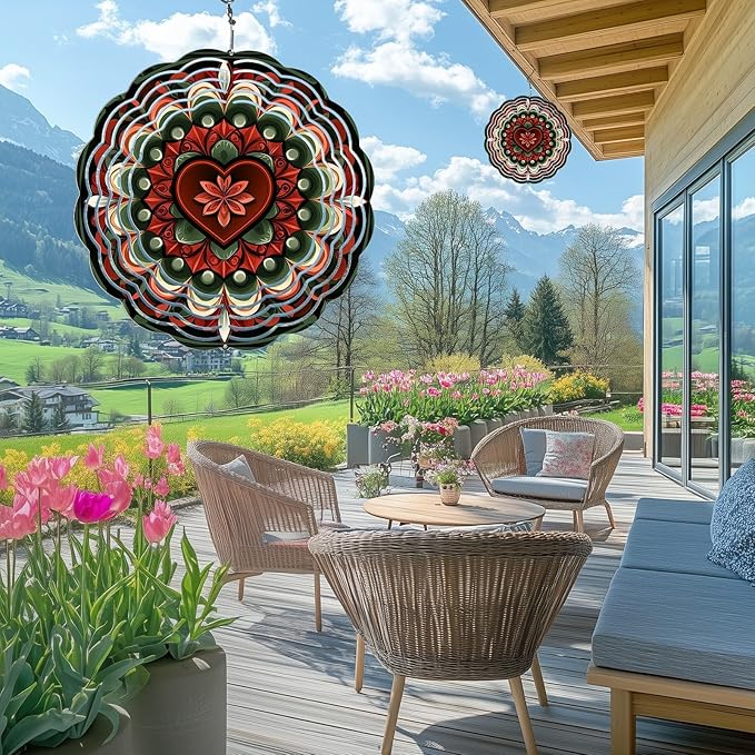 Green Mandala Wind Spinners Outdoor, Hanging Wind Spinner for Garden Decoration, 8 inch 3D Stainless Steel Metal Wind Sculpture for Indoor/Outdoor Decor