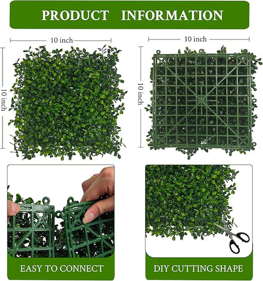 Artificial Grass Wall Panel,10"x 10"(24P) 4-Layer Leaf UV-Anti Greenery Faux Boxwood for Indoor,Outdoor Patio Balcony Privacy & Ivy Fence Covering Privacy, Garden, Backyard Wall Backdrop Decor