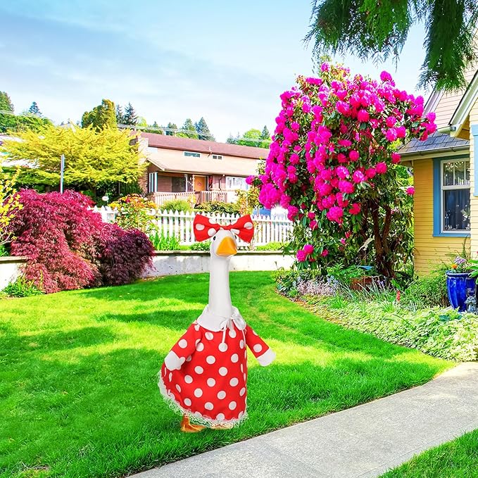 FuWeave Spring Goose Outfit Flower Porch Goose Clothes for 23" Large Statue Outdoor Patio Yard Lawn Art Decoration(Red White Dots,23 inch)