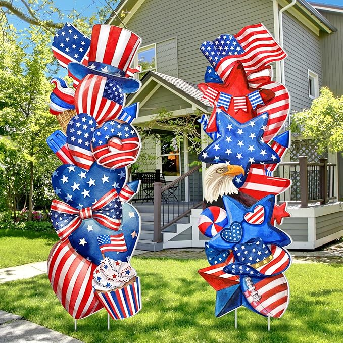 Beeveer 2 Pcs 4th of July Yard Signs Outdoor Patriotic Star Lawn Decoration 250th Anniversary American Waterproof Welcome Party Yard Signs with Stake for Memorial Home Garden Pathway Supplies
